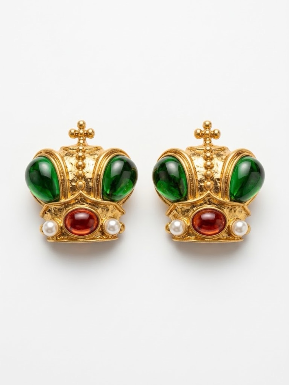 Regal Gold-Tone Crown Statement Earrings | Emerald & Ruby Glass Cabachons